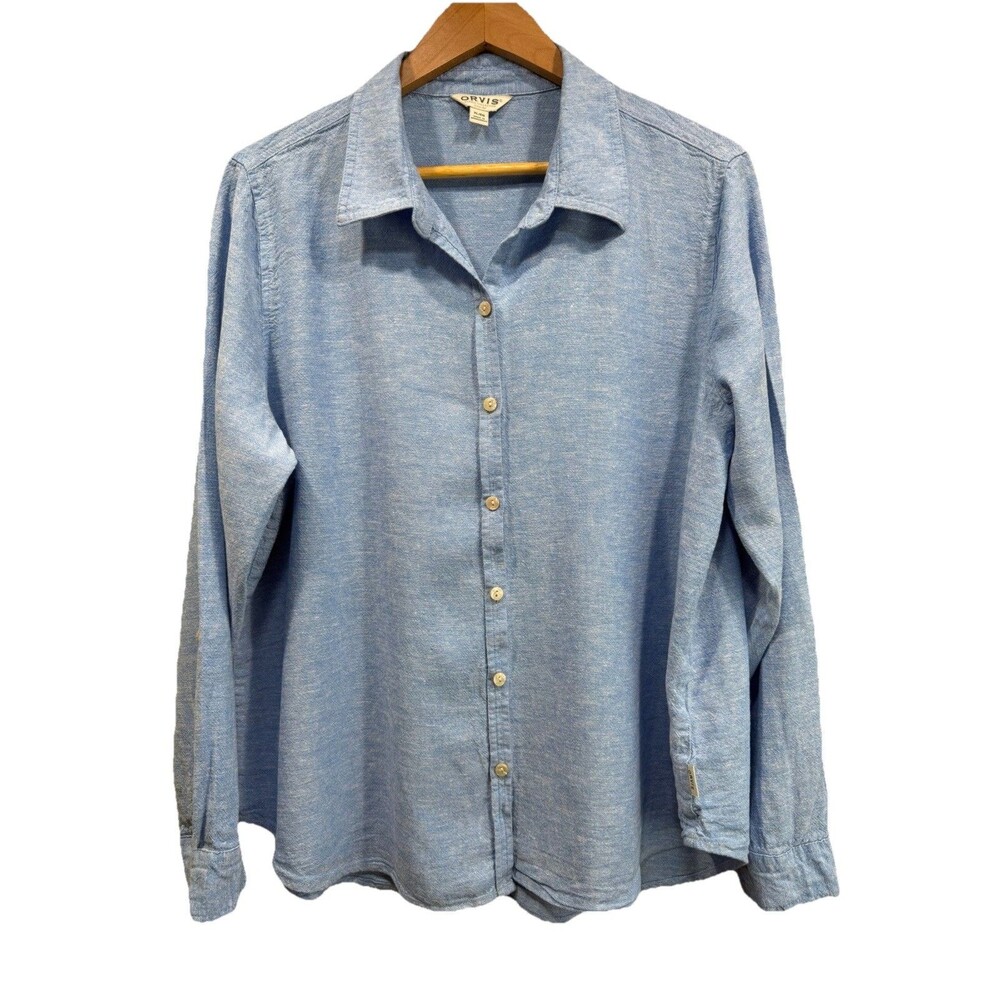 ORVIS Womens Size XL Blue Linen Blend Button Down Collared Shirt Roll Tab Sleeve